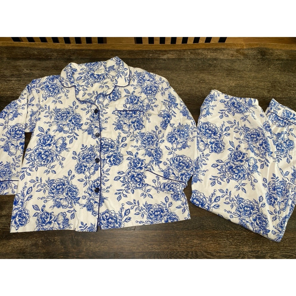 Bed Head Pajamas Organic Cotton White And Blue Floral Long Button Up Sz XL